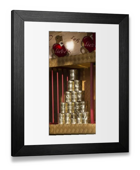 Framed Print : Stacked cans for throwing at, Oktoberfest, Theresienwiese, Munich, Upper Bavaria, Bavaria, Germany Framed Print : Stacked cans for throwing at, Oktoberfest, Theresienwiese, Munich, Upper Bavaria, Bavaria, Germany