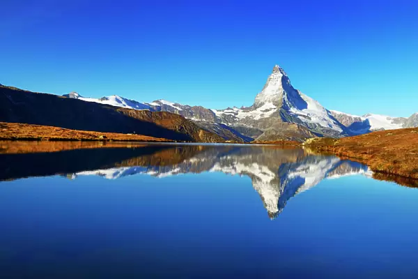 Matterhorn reflected in lake Stellisee, Valais Alps, Canton of Valais, Zermatt, Switzerland