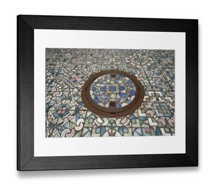 Framed Print : Manhole cover and walkway, paved with ceramic parts, Selb, Upper Franconia, Bavaria, Germany Framed Print : Manhole cover and walkway, paved with ceramic parts, Selb, Upper Franconia, Bavaria, Germany