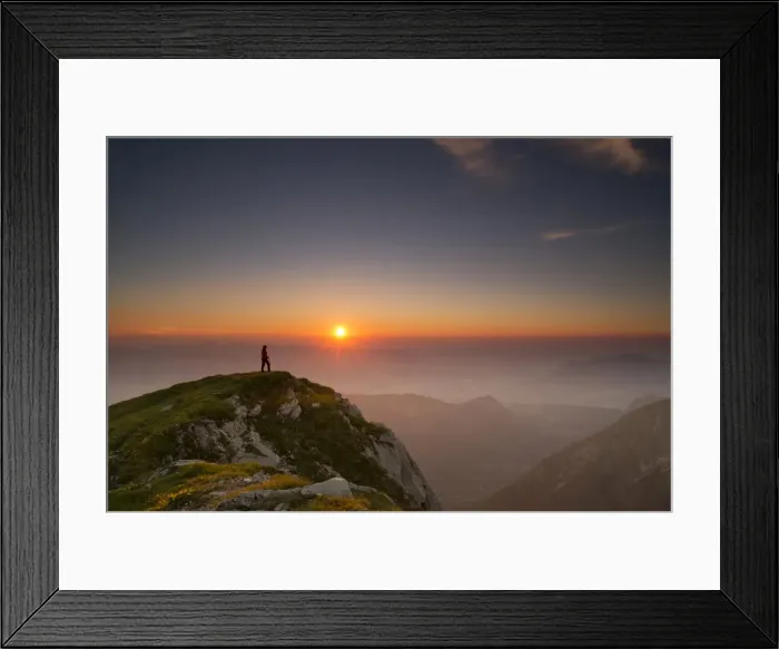 Framed Print : Sunset with hiker on a summit of the Allgau Alps, Oberstdorf, Bavaria, Germany Framed Print : Sunset with hiker on a summit of the Allgau Alps, Oberstdorf, Bavaria, Germany