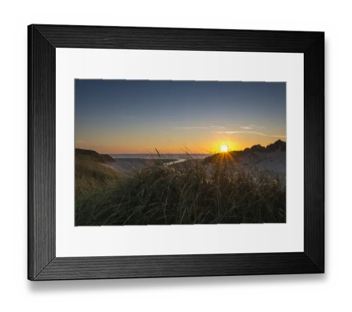 Framed Print : Beach grass -Ammophila arenaria- in dunes in front of Henne Molle A estuary into the North Sea at sunset, Henne Strand, Region of Southern Denmark, Denmark