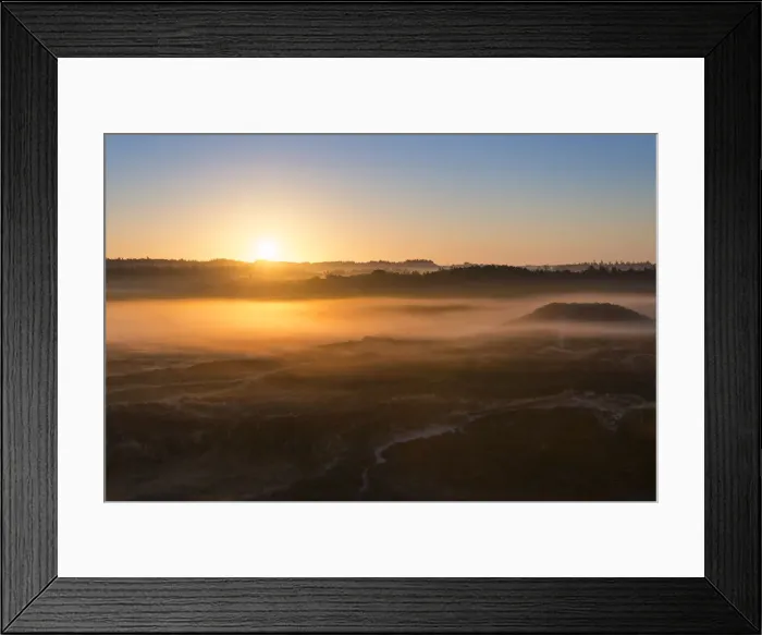 Framed Print : Fog over dunes and heathland at sunrise, Henne, Region of Southern Denmark, Denmark