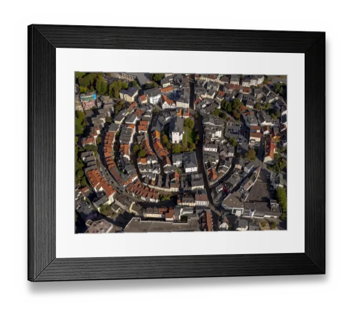 Framed Print : Aerial view, historic centre with Erloserkirche, Church of the Redeemer, market square, annular medieval layout, Ludenscheid, North Rhine-Westphalia, Germany Framed Print : Aerial view, historic centre with Erloserkirche, Church of the Redeemer, market square, annular medieval layout, Ludenscheid, North Rhine-Westphalia, Germany