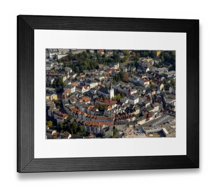 Framed Print : Aerial view, historic centre with Erloserkirche, Church of the Redeemer, market square, annular medieval layout, Ludenscheid, North Rhine-Westphalia, Germany