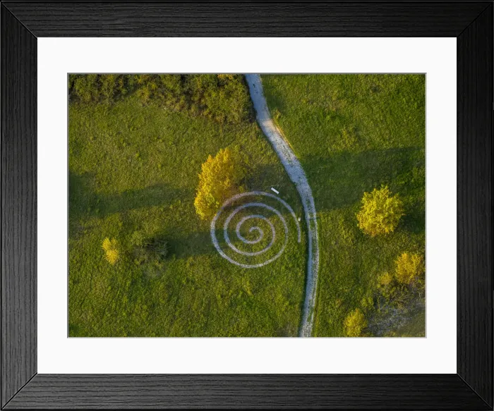 Framed Print : Aerial view, spiralling path, quarries with a health trail, Geseke, North Rhine-Westphalia, Germany Framed Print : Aerial view, spiralling path, quarries with a health trail, Geseke, North Rhine-Westphalia, Germany