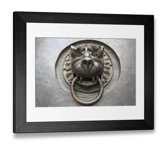 Framed Print : Door knocker with a lions head, 14th century, main entrance to St Lorenz Church, Nuremberg, Middle Franconia, Bavaria, Germany