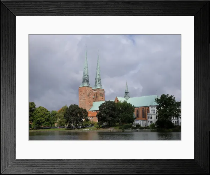 Framed Print : Lubeck Cathedral on Muhlenteich pond, Lubeck, Schleswig-Holstein, Germany
