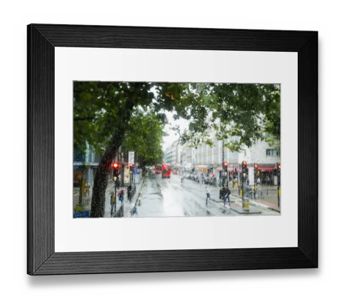 Framed Print : London street scene through rain-soaked bus windows, London, England, United Kingdom Framed Print : London street scene through rain-soaked bus windows, London, England, United Kingdom