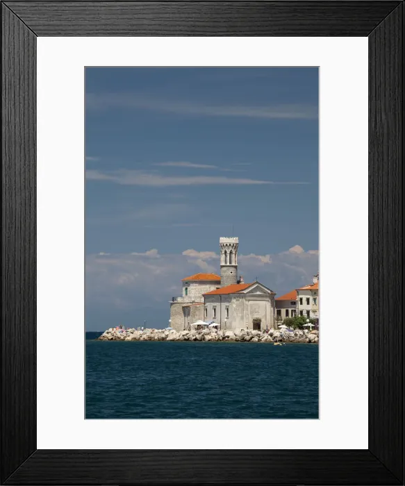 Framed Print : Coastline with the Church of Our Lady of Health, St. Clement Church, and the lighthouse, Piran, Istria, Slovenia