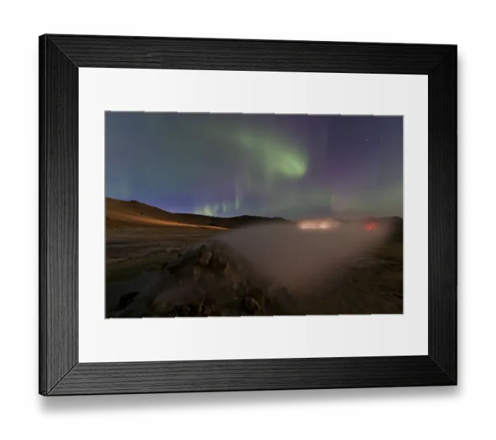 Framed Print : Northern lights, light trails from cars, solfatara, fumaroles, sulphur and other minerals, steam, Hverarond high temperature or geothermal area, Namafjall mountains, Myvatn area, Northeastern Region, Iceland
