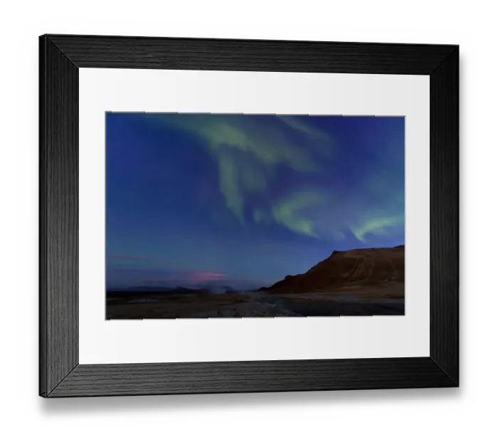 Framed Print : Northern lights, glow from a fissure eruption at the Holuhraun lava field, solfatara, fumaroles, sulphur and other minerals, steam, Hverarond high temperature or geothermal area, Namafjall mountains, Myvatn area, Northeastern Region, Iceland Framed Print : Northern lights, glow from a fissure eruption at the Holuhraun lava field, solfatara, fumaroles, sulphur and other minerals, steam, Hverarond high temperature or geothermal area, Namafjall mountains, Myvatn area, Northeastern Region, Iceland