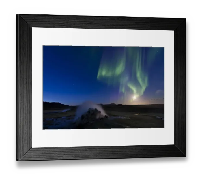Framed Print : Northern lights, full moon, solfatara, fumaroles, sulphur and other minerals, steam, Hverarond high temperature or geothermal area, Namafjall mountains, Myvatn area, Northeastern Region, Iceland Framed Print : Northern lights, full moon, solfatara, fumaroles, sulphur and other minerals, steam, Hverarond high temperature or geothermal area, Namafjall mountains, Myvatn area, Northeastern Region, Iceland