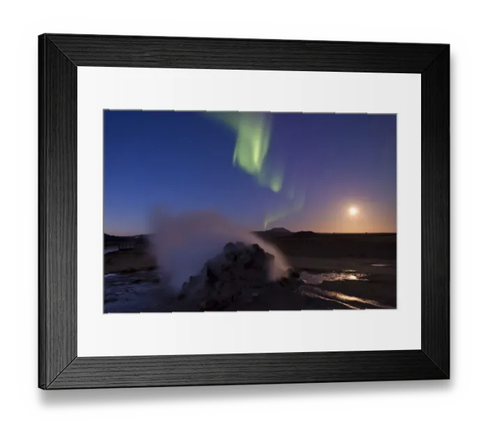 Framed Print : Northern lights, full moon, solfatara, fumaroles, sulphur and other minerals, steam, Hverarond high temperature or geothermal area, Namafjall mountains, Myvatn area, Northeastern Region, Iceland Framed Print : Northern lights, full moon, solfatara, fumaroles, sulphur and other minerals, steam, Hverarond high temperature or geothermal area, Namafjall mountains, Myvatn area, Northeastern Region, Iceland