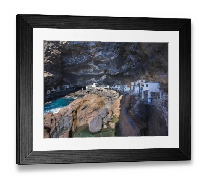 Framed Print : Poris de Candelaria, houses in a cave, rocky coast on the Camino del Poris, Pirates Cove, Tijarafe, La Palma, Canary Islands, Spain