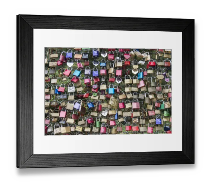 Framed Print : Love locks on a wire fence, Kassel, Hesse, Germany Framed Print : Love locks on a wire fence, Kassel, Hesse, Germany