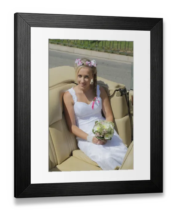 Framed Print : Bride posing in the back seat of an open car, convertible Framed Print : Bride posing in the back seat of an open car, convertible