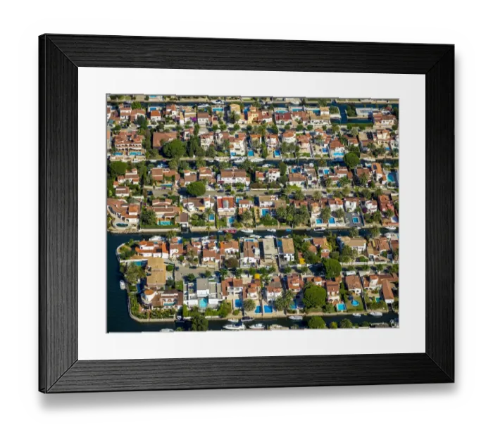 Framed Print : Aerial view, holiday homes with moorings and canals, Marina of Empuriabrava, Ampuriabrava, Catalonia, Spain Framed Print : Aerial view, holiday homes with moorings and canals, Marina of Empuriabrava, Ampuriabrava, Catalonia, Spain