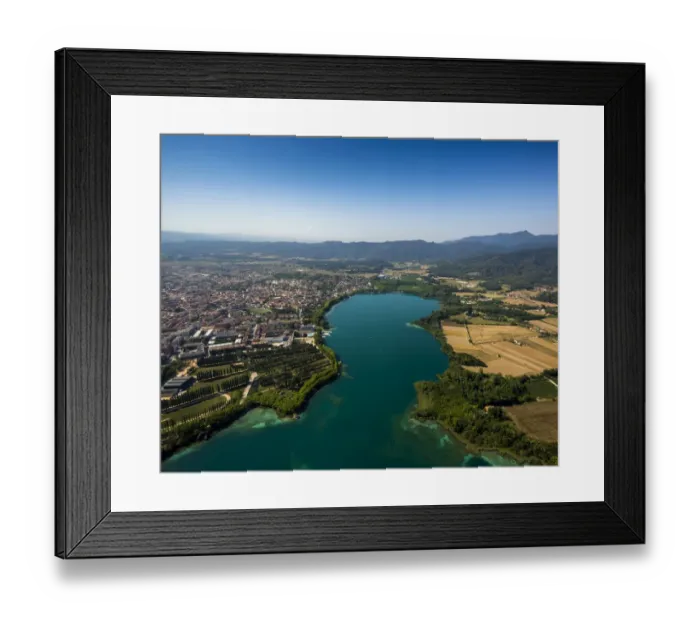 Framed Print : Aerial view, view of the city of Banyoles on the Lake of Banyoles, Costa Brava, Catalonia, Spain Framed Print : Aerial view, view of the city of Banyoles on the Lake of Banyoles, Costa Brava, Catalonia, Spain