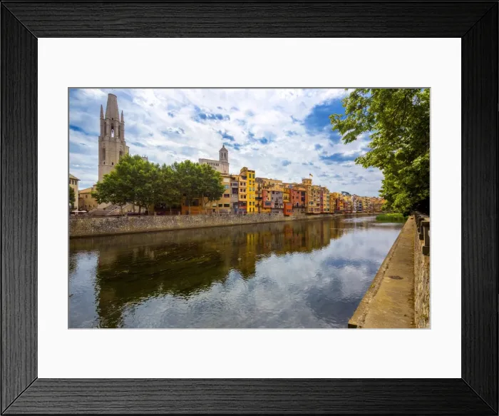 Framed Print : Church of San Feliu or Church of Sant Felix, colourful houses on the Onyar river, Girona, Catalonia, Spain Framed Print : Church of San Feliu or Church of Sant Felix, colourful houses on the Onyar river, Girona, Catalonia, Spain
