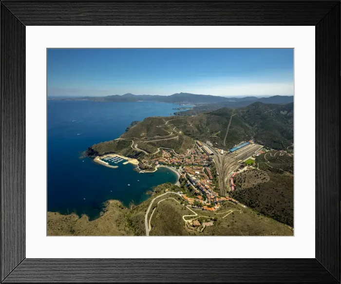 Framed Print : Aerial view, border town, Mediterranean coast, bay, harbour, Portbou, Costa Brava, Catalonia, Spain Framed Print : Aerial view, border town, Mediterranean coast, bay, harbour, Portbou, Costa Brava, Catalonia, Spain