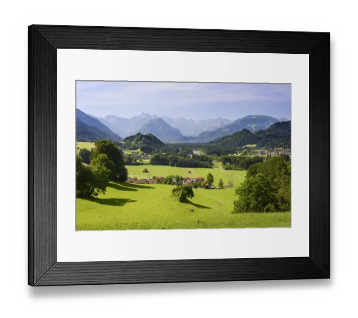 Framed Print : View from Malerwinkel on the valley of the Iller, behind Oberstdorf and the Alps, Hinang, Upper Oberallgau district, Bavaria, Germany Framed Print : View from Malerwinkel on the valley of the Iller, behind Oberstdorf and the Alps, Hinang, Upper Oberallgau district, Bavaria, Germany