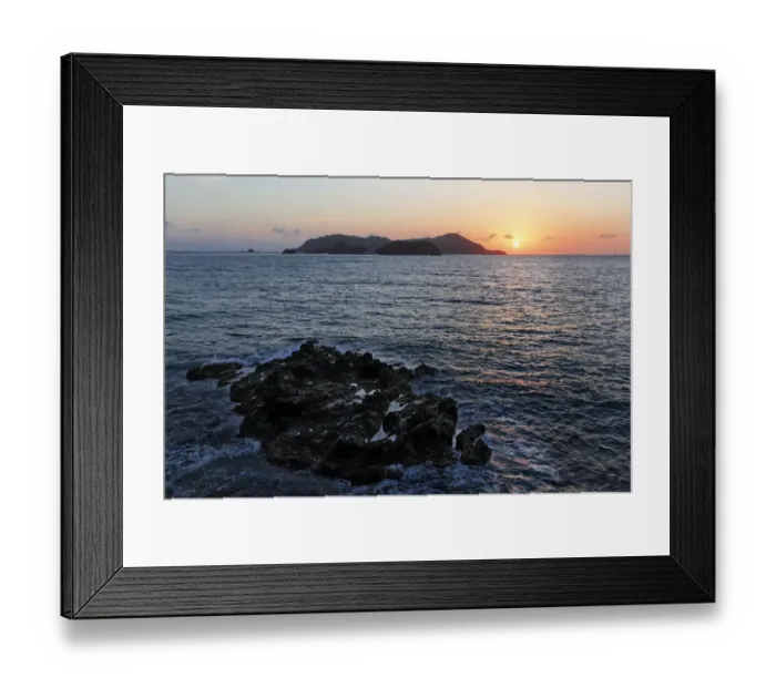 Framed Print : Sunrise next to small island in the sea, rocks, Tyrrels Bay, Little Tobago, Trinidad and Tobago Framed Print : Sunrise next to small island in the sea, rocks, Tyrrels Bay, Little Tobago, Trinidad and Tobago
