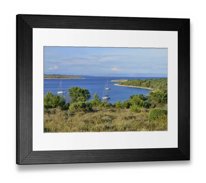 Framed Print : Yachts anchored in a bay, Cape Kamenjak, Premantura, Istria, Croatia Framed Print : Yachts anchored in a bay, Cape Kamenjak, Premantura, Istria, Croatia