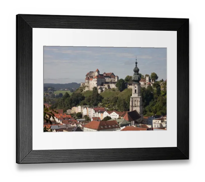 Framed Print : Townscape with Burghausen Castle and the parish church of St. Jacob, Burghausen, Upper Bavaria, Bavaria, Germany Framed Print : Townscape with Burghausen Castle and the parish church of St. Jacob, Burghausen, Upper Bavaria, Bavaria, Germany