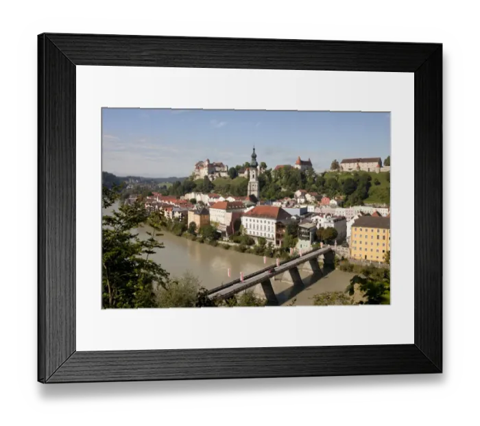 Framed Print : Townscape with Salzach river and the parish church of St. Jacob, Burghausen, Upper Bavaria, Bavaria, Germany Framed Print : Townscape with Salzach river and the parish church of St. Jacob, Burghausen, Upper Bavaria, Bavaria, Germany