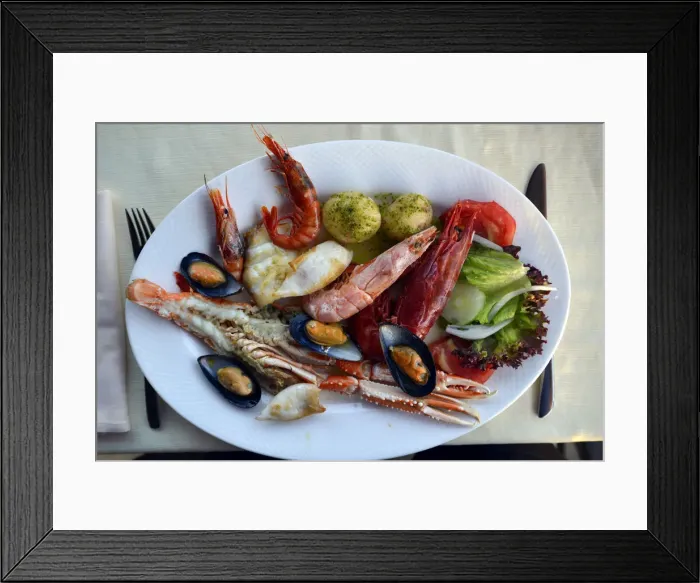 Framed Print : Typical fish dish with shrimps, mussels, whiting, octopus, boiled potatoes, Lanzarote, Canary Islands, Spain Framed Print : Typical fish dish with shrimps, mussels, whiting, octopus, boiled potatoes, Lanzarote, Canary Islands, Spain