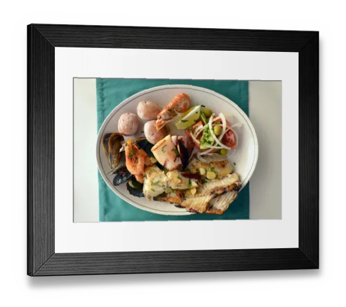 Framed Print : Typical fish dish with shrimps, mussels, whiting, octopus, boiled potatoes, Lanzarote, Canary Islands, Spain Framed Print : Typical fish dish with shrimps, mussels, whiting, octopus, boiled potatoes, Lanzarote, Canary Islands, Spain