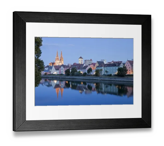 Framed Print : Cityscape with the Danube, historic centre, the clock tower of the Old Town Hall and Regensburg Cathedral, at night, Regensburg, Bavaria, Germany