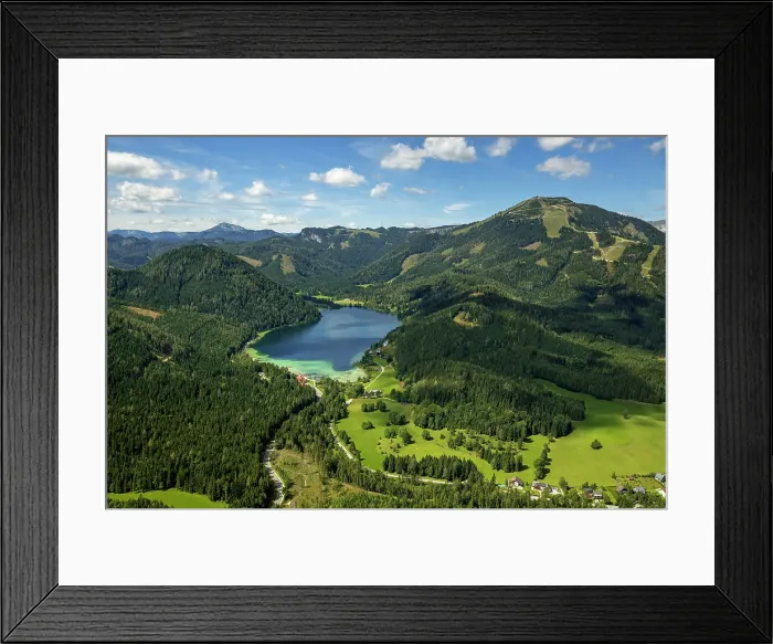 Framed Print : Aerial view, Erlaufsee with Mt. Gemeindealpe, St. Sebastian, Styria, Austria