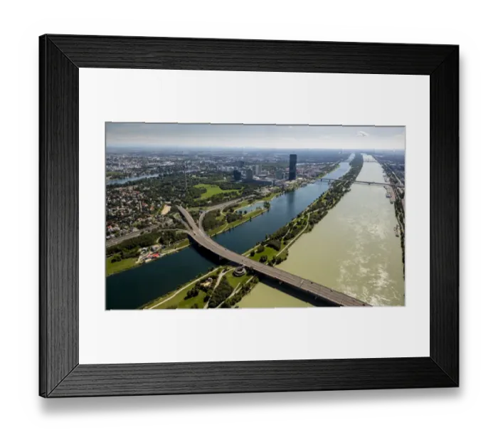 Framed Print : Aerial view, Tech Gate Vienna, science and technology park, high-rise high-rise building on the Danube River, Vienna, Austria