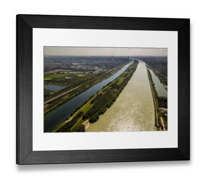 Framed Print : Aerial view, Danube island, Danube and relief canal, intake structure, Langenzersdorf, Lower Austria, Austria Framed Print : Aerial view, Danube island, Danube and relief canal, intake structure, Langenzersdorf, Lower Austria, Austria