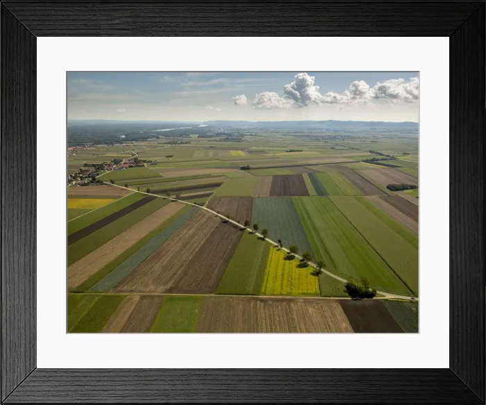 Framed Print : Aerial view, landscape with fields and road, Michelhausen, Lower Austria, Austria Framed Print : Aerial view, landscape with fields and road, Michelhausen, Lower Austria, Austria