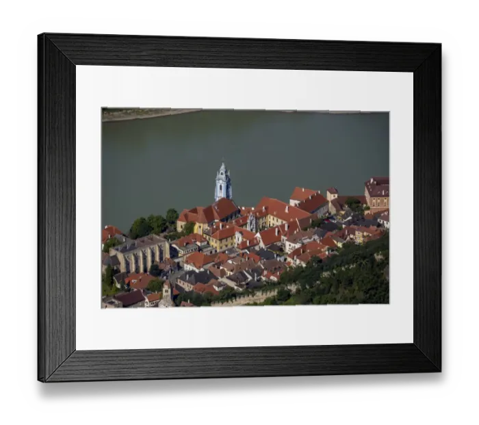 Framed Print : Aerial view, Durnstein Abbey, former monastery, church in blue and white, Durnstein, Lower Austria, Austria Framed Print : Aerial view, Durnstein Abbey, former monastery, church in blue and white, Durnstein, Lower Austria, Austria