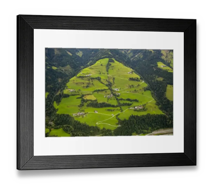 Framed Print : Aerial view, alpine meadows with serpentine roads, Hof, Salzburg, Austria Framed Print : Aerial view, alpine meadows with serpentine roads, Hof, Salzburg, Austria