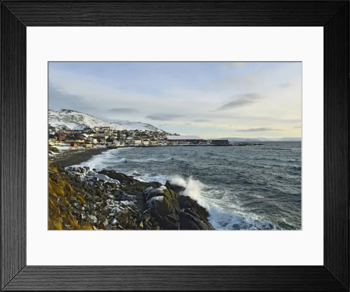 Framed Print : Waves in a rocky bay, buildings of the Honningsvag settlement at the back, Mageroya island, Finnmark County, Norway Framed Print : Waves in a rocky bay, buildings of the Honningsvag settlement at the back, Mageroya island, Finnmark County, Norway