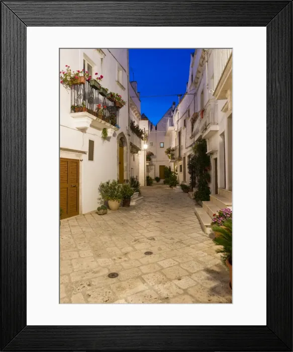 Framed Print : Blue hour, dusk, alleyway, Locorotondo, Apulia, Italy Framed Print : Blue hour, dusk, alleyway, Locorotondo, Apulia, Italy