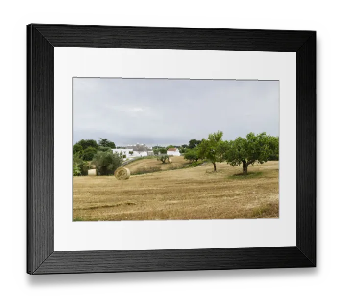 Framed Print : Stubblefield with Trulli buildings at the back, round houses typical for the region, near Martina Franca, Valle dItria, Trulli Valley, Apulia, Italy