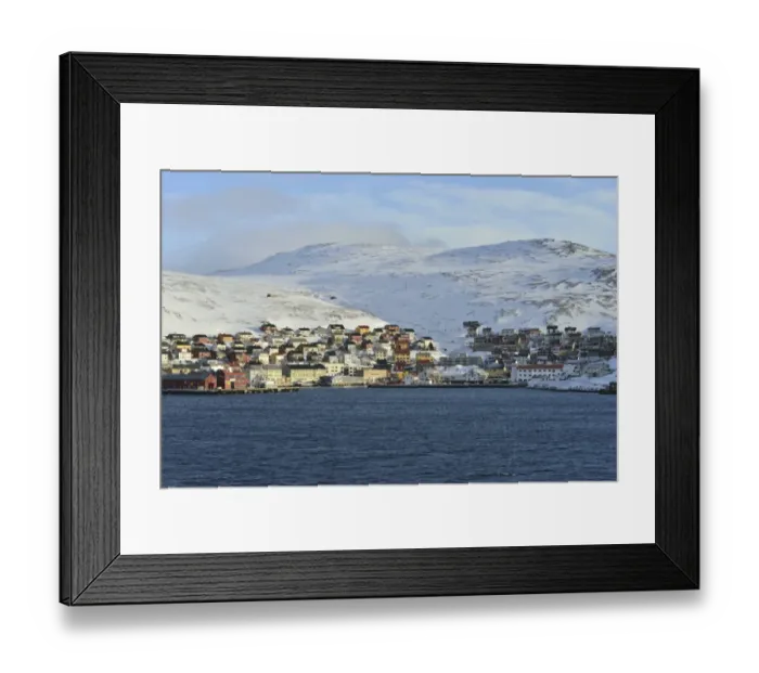 Framed Print : Buildings at the harbour in front of the mountains of the island, Honningsvag, Mageroya island, Finnmark County, Norway Framed Print : Buildings at the harbour in front of the mountains of the island, Honningsvag, Mageroya island, Finnmark County, Norway