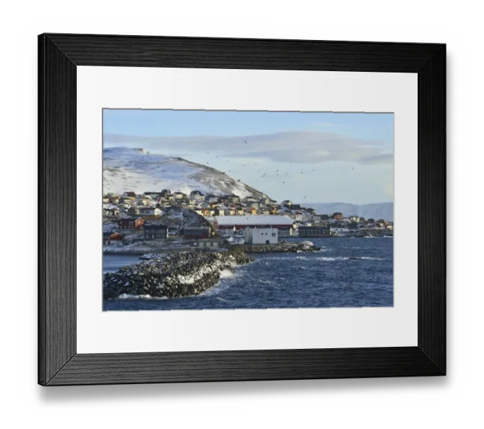 Framed Print : Jetty from rocks at the harbor entrance, behind the village, Honningsvag, Mageroya island, Finnmark County, Norway Framed Print : Jetty from rocks at the harbor entrance, behind the village, Honningsvag, Mageroya island, Finnmark County, Norway