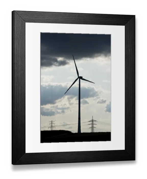 Framed Print : Wind turbine, utility poles and power lines, silhouettes, Oening, Bavaria, Germany Framed Print : Wind turbine, utility poles and power lines, silhouettes, Oening, Bavaria, Germany