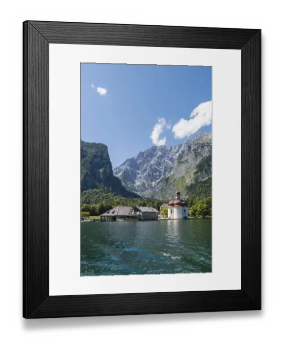 Framed Print : St. Bartholomae in Konigssee in front of the Watzmann, Berchtesgaden National Park, Berchtesgadener Land district, Upper Bavaria, Bavaria, Germany