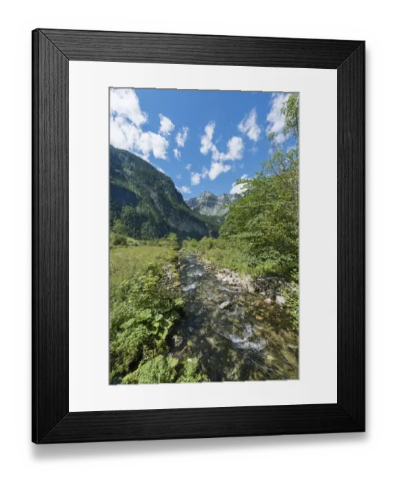 Framed Print : Brook in front of the Watzmann massif, St. Bartholoma in Konigssee, Berchtesgaden National Park, Berchtesgadener Land district, Upper Bavaria, Bavaria, German