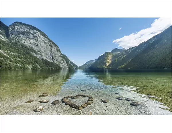 Heart of stones in water, view over Lake Konigssee, Berchtesgaden National Park, Berchtesgadener Land district, Upper Bavaria, Bavaria, Germany