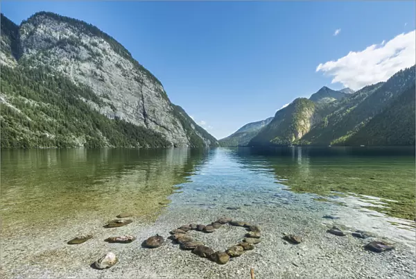 Heart of stones in water, view over Lake Konigssee, Berchtesgaden National Park, Berchtesgadener Land district, Upper Bavaria, Bavaria, Germany