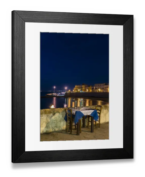 Framed Print : Laid table in restaurant at night, city beach Seno della purita, historic centre, Gallipoli, Province of Lecce, Apulia, Italy Framed Print : Laid table in restaurant at night, city beach Seno della purita, historic centre, Gallipoli, Province of Lecce, Apulia, Italy