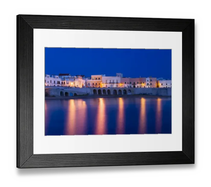Framed Print : Blue hour, dusk, Seno della Purita city beach, historic centre with the church Chiesa della Purita, Gallipoli, Province of Lecce, Apulia, Italy Framed Print : Blue hour, dusk, Seno della Purita city beach, historic centre with the church Chiesa della Purita, Gallipoli, Province of Lecce, Apulia, Italy